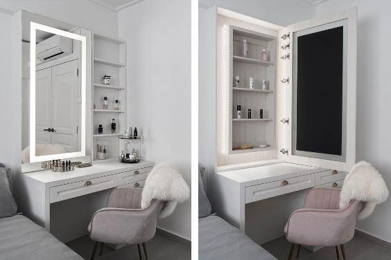 Bedroom with built in vanity cabinet