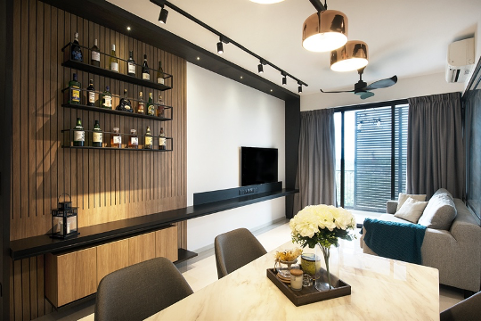 Living room with wooden slab feature wall