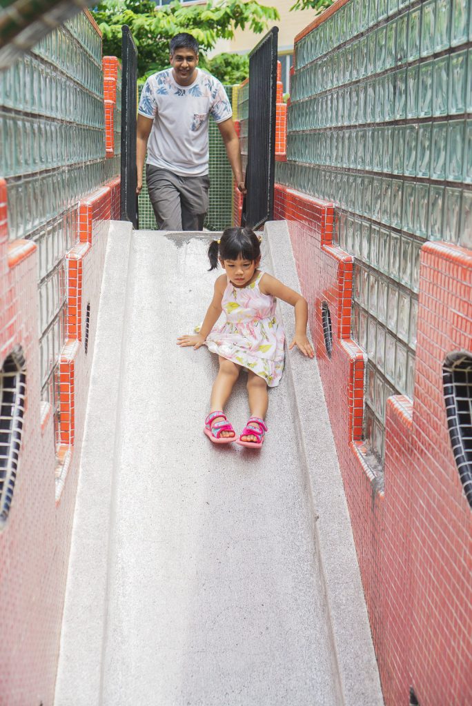 Safiya playing at the watermelon playground at Tampines Central