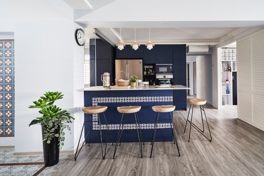 Photo of kitchen island with bar stools around it