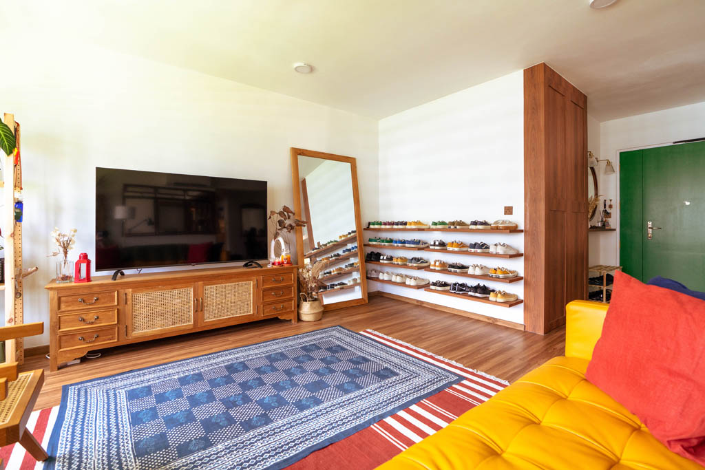 TV console area in Japanese inspired woody home at Tampines