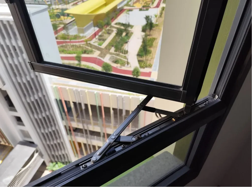 Mechanical component of a window that holds it in position when opened